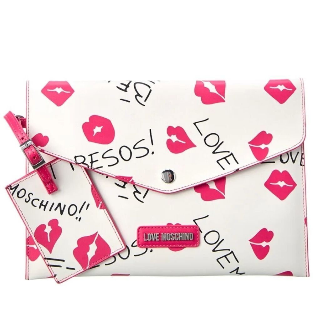 Love Moschino Kisses Clutch w/ID Tag & Card Wallet- White/Pink‎